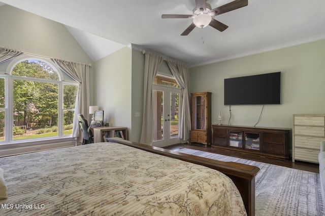 340 Sherborne Pl, Flowood, MS 39232 - bedroom featuring french doors, vaulted ceiling, wood finished floors, ceiling fan, and access to exterior