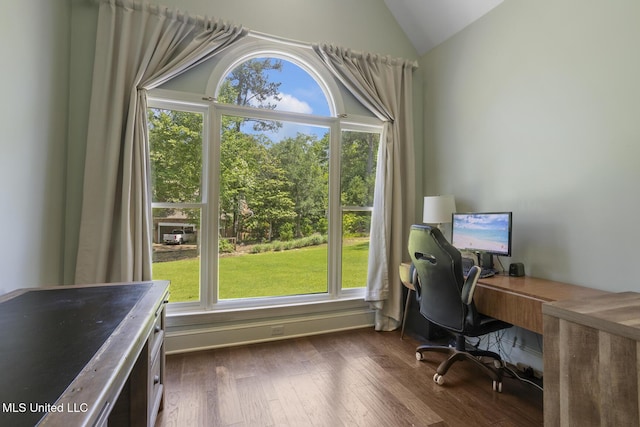 340 Sherborne Pl, Flowood, MS 39232 - home office featuring lofted ceiling, plenty of natural light, and dark wood finished floors