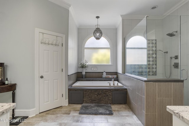340 Sherborne Pl, Flowood, MS 39232 - full bathroom featuring crown molding, a bath, a stall shower, and vanity