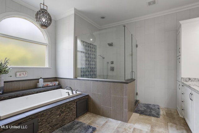 340 Sherborne Pl, Flowood, MS 39232 - bathroom featuring a stall shower, a bath, vanity, and ornamental molding