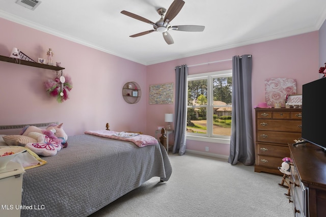 340 Sherborne Pl, Flowood, MS 39232 - bedroom with crown molding, light colored carpet, a ceiling fan, and baseboards