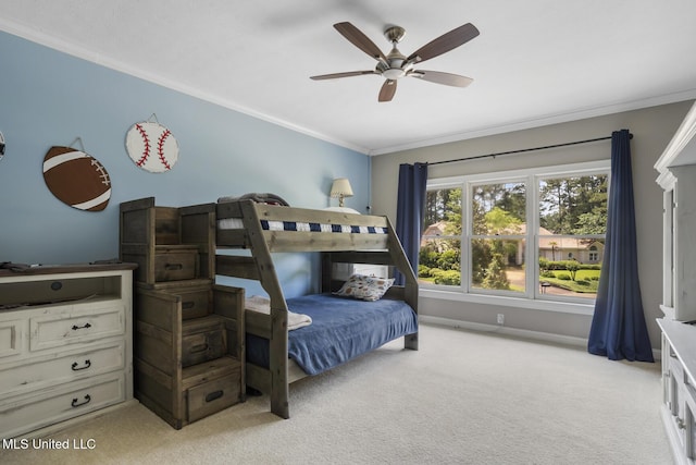 340 Sherborne Pl, Flowood, MS 39232 - bedroom featuring light colored carpet, crown molding, a ceiling fan, and baseboards