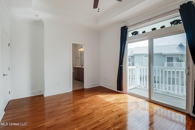 spare room with a raised ceiling, a ceiling fan, and wood finished floors