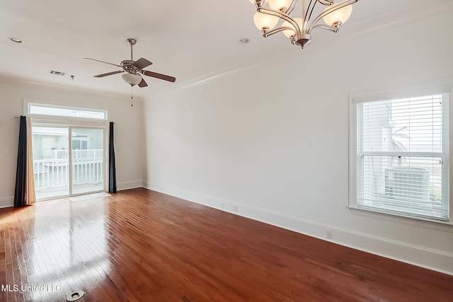 unfurnished room featuring baseboards, plenty of natural light, wood-type flooring, and ceiling fan with notable chandelier