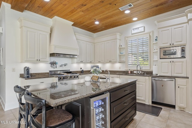 kitchen with open shelves, appliances with stainless steel finishes, a sink, wooden ceiling, and wine cooler