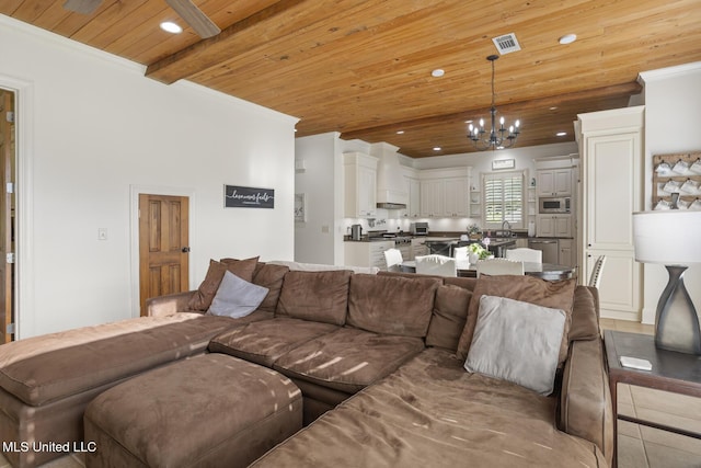 living room with crown molding, visible vents, recessed lighting, wooden ceiling, and a notable chandelier