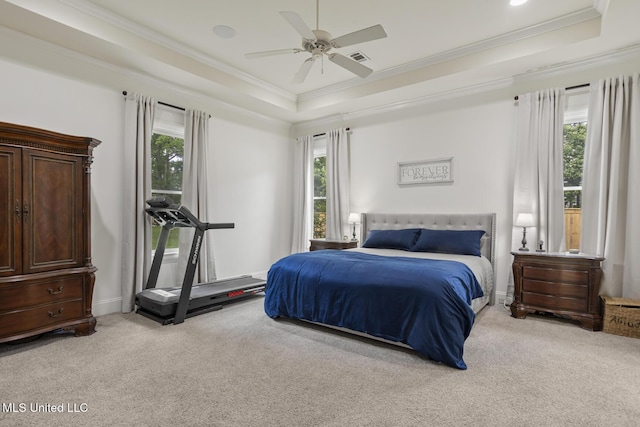 bedroom with a raised ceiling, multiple windows, carpet, and ornamental molding
