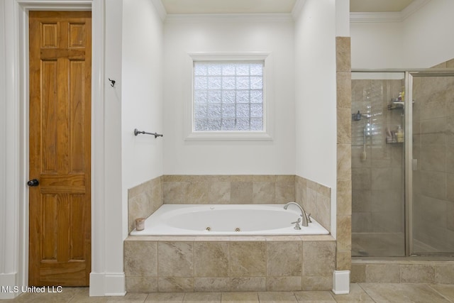 full bath featuring crown molding, tile patterned floors, a whirlpool tub, and a stall shower
