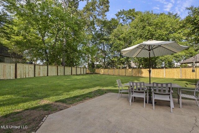 view of patio with a fenced backyard and outdoor dining space