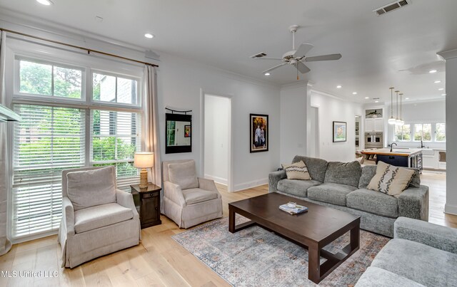 107 Chadwyck Ct, Madison, MS 39110 - living room with ceiling fan, light wood-style flooring, recessed lighting, crown molding, and baseboards