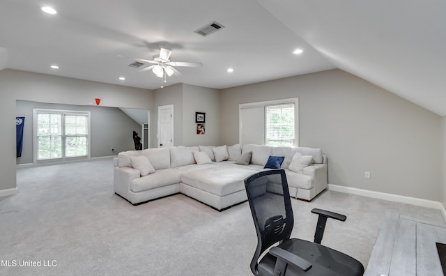 107 Chadwyck Ct, Madison, MS 39110 - living area featuring lofted ceiling, light carpet, ceiling fan, recessed lighting, and baseboards