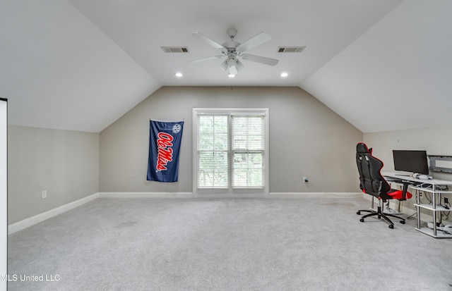 107 Chadwyck Ct, Madison, MS 39110 - home office with lofted ceiling, baseboards, carpet, and ceiling fan