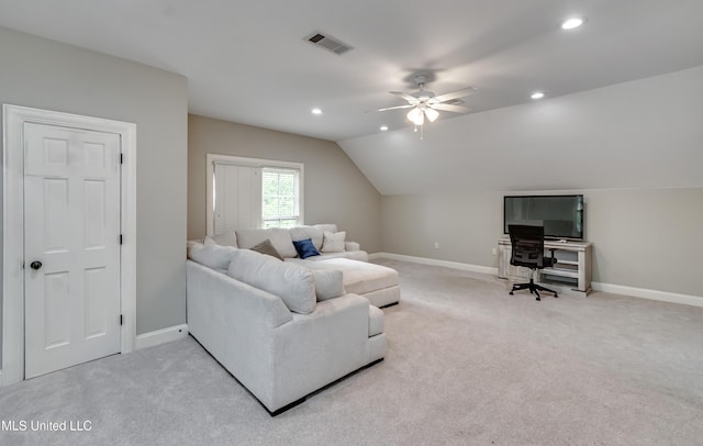107 Chadwyck Ct, Madison, MS 39110 - living area with a ceiling fan, baseboards, light carpet, recessed lighting, and lofted ceiling