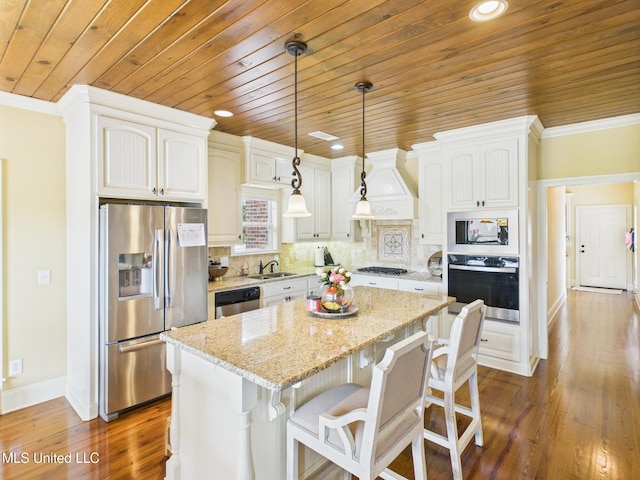 143 Charlton Dr, Madison, MS 39110 - kitchen featuring stainless steel appliances, wooden ceiling, dark wood-type flooring, ornamental molding, and backsplash