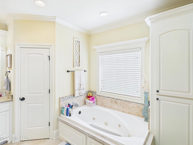 143 Charlton Dr, Madison, MS 39110 - bathroom with a tub with jets, crown molding, and vanity