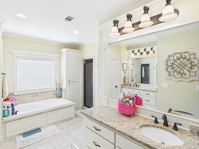 143 Charlton Dr, Madison, MS 39110 - full bath featuring a garden tub, vanity, crown molding, tile patterned floors, and recessed lighting