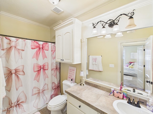143 Charlton Dr, Madison, MS 39110 - bathroom featuring vanity, ornamental molding, a shower with shower curtain, and ensuite bath