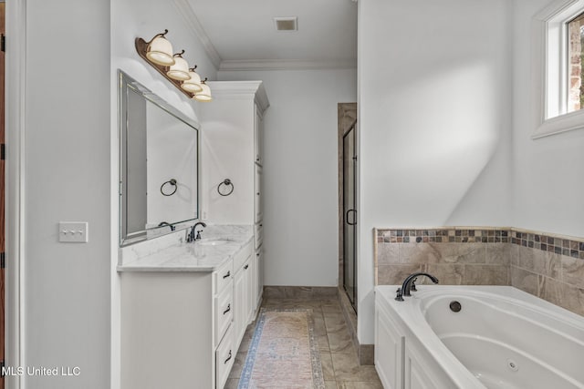 full bathroom featuring visible vents, ornamental molding, a jetted tub, vanity, and a shower stall