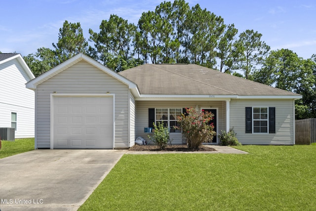 18496 Devin Ct, Gulfport, MS 39503 - ranch-style home with a front yard, concrete driveway, a garage, and a shingled roof