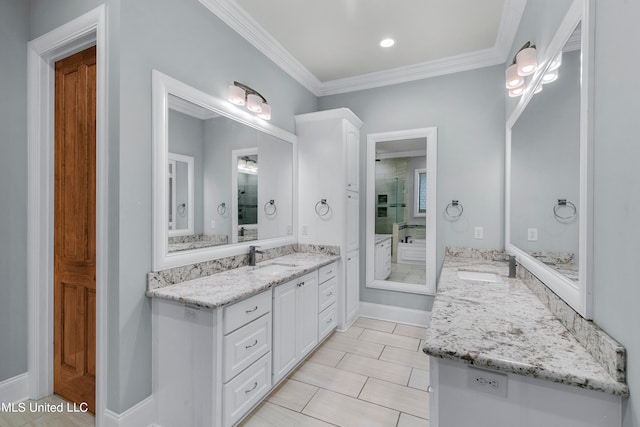 bathroom featuring vanity, crown molding, tile patterned floors, and an enclosed shower