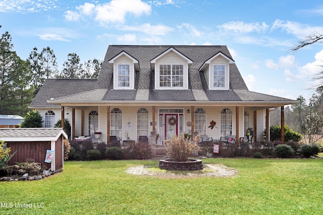 view of front of house with a storage shed, a front yard, and a porch