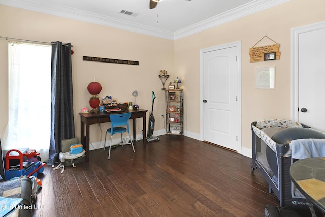 misc room featuring ornamental molding, dark hardwood / wood-style floors, and ceiling fan