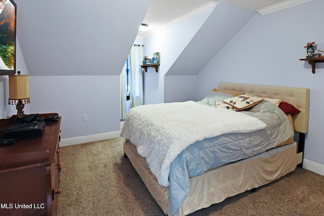 bedroom with crown molding, lofted ceiling, and carpet flooring