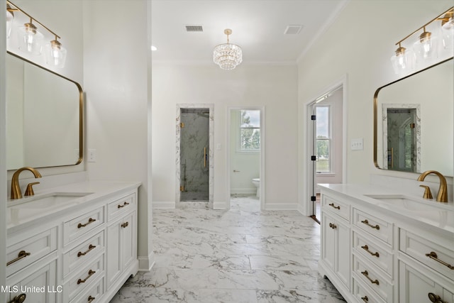 1594 Victoria Rd, Byhalia, MS 38611 - bathroom featuring marble look tile flooring, ornamental molding, a marble finish shower, a chandelier, and two vanities