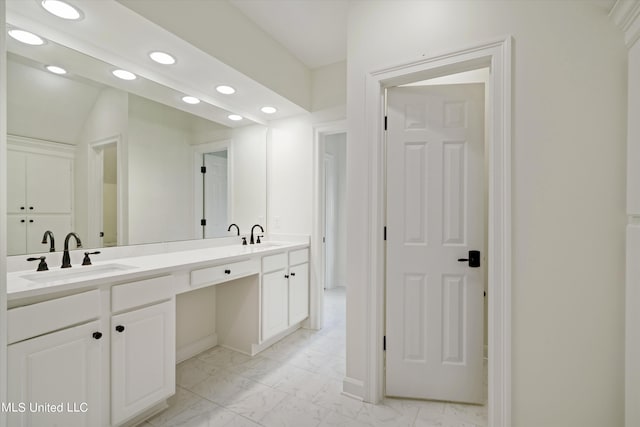 1594 Victoria Rd, Byhalia, MS 38611 - bathroom with recessed lighting, marble finish floors, double vanity, and baseboards