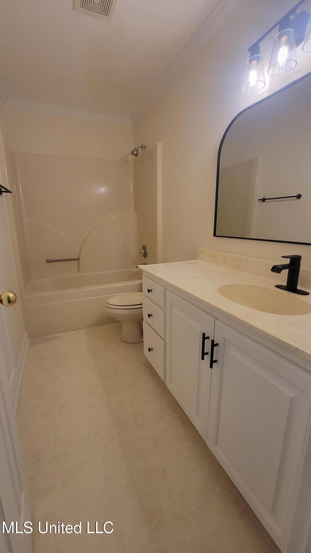 2257 Boyd Rd, Utica, MS 39175 - bathroom with crown molding, toilet, vanity, and shower / bathtub combination