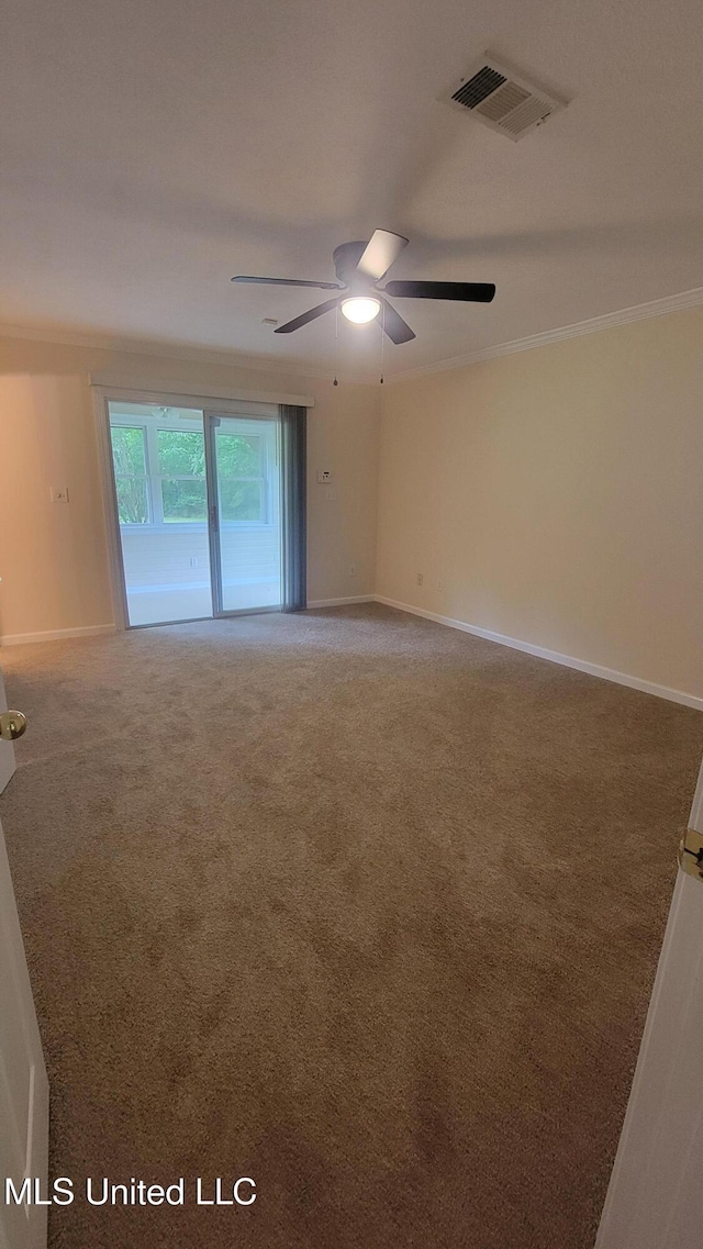 2257 Boyd Rd, Utica, MS 39175 - carpeted spare room featuring ornamental molding, ceiling fan, and baseboards
