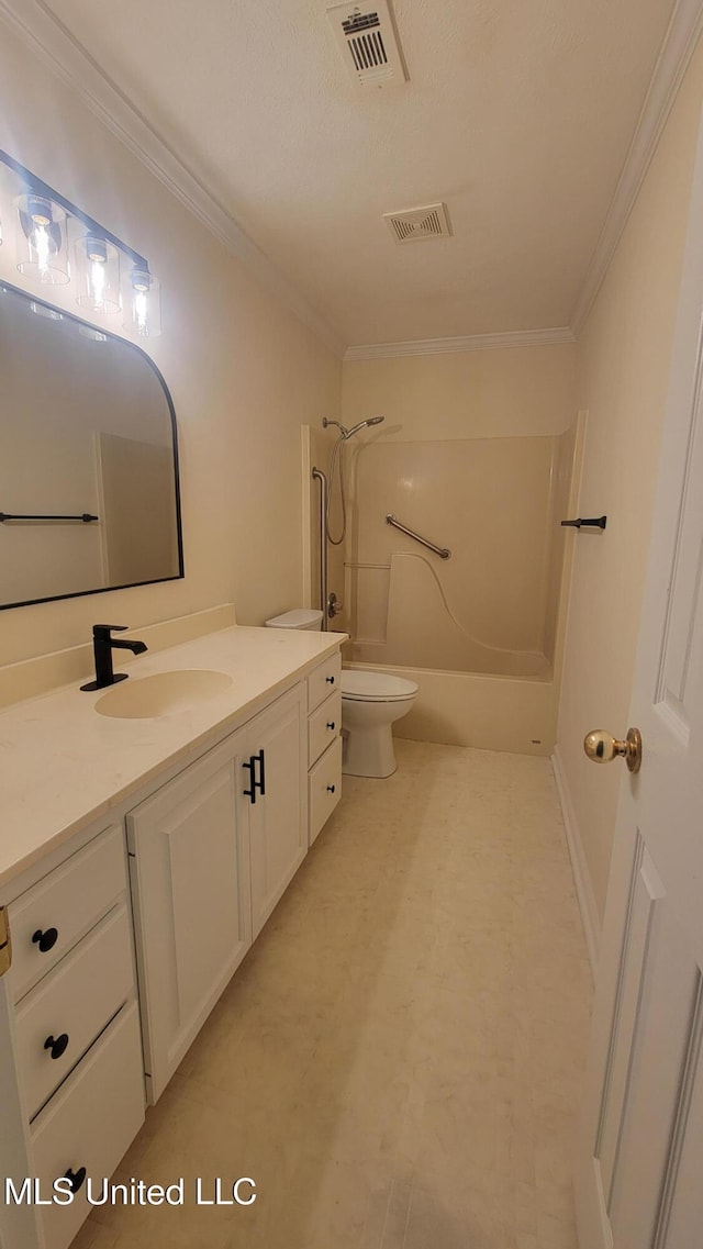 2257 Boyd Rd, Utica, MS 39175 - bathroom with toilet, shower / tub combination, vanity, crown molding, and tile patterned floors