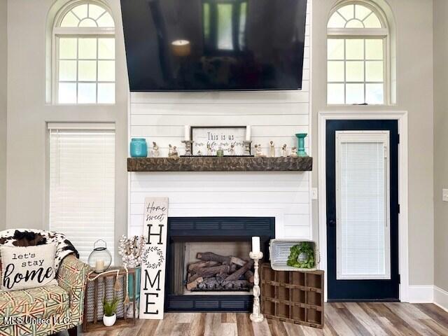 living room featuring hardwood / wood-style floors, a towering ceiling, and plenty of natural light