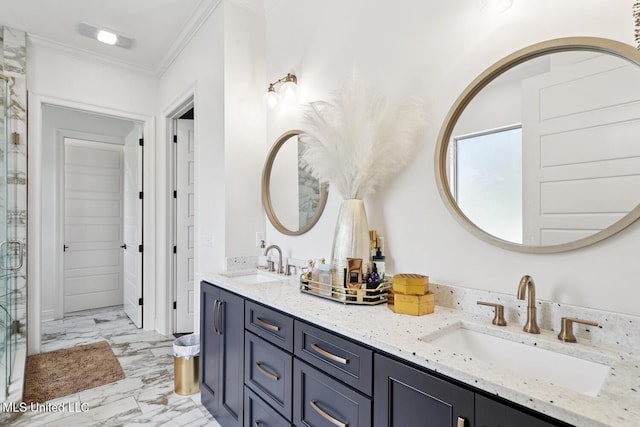 111 Jefferson Davis Pkwy, Picayune, MS 39466 - full bathroom featuring marble finish flooring, double vanity, ornamental molding, and a stall shower