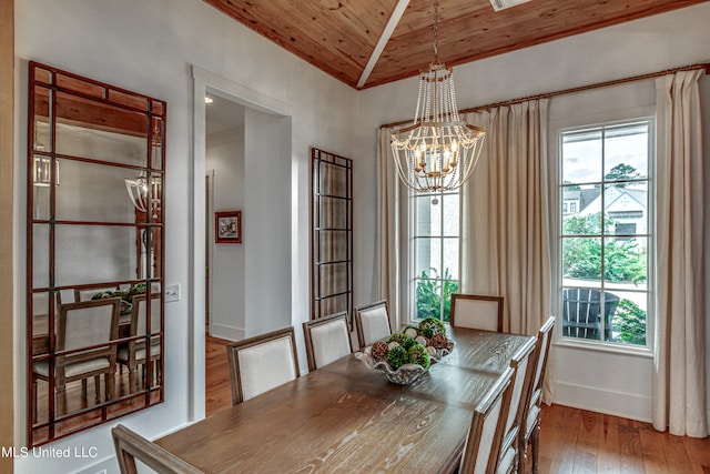 dining room with a notable chandelier, hardwood / wood-style flooring, wooden ceiling, and vaulted ceiling