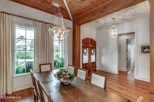 dining area featuring french doors, lofted ceiling with beams, light hardwood / wood-style floors, wooden ceiling, and a notable chandelier