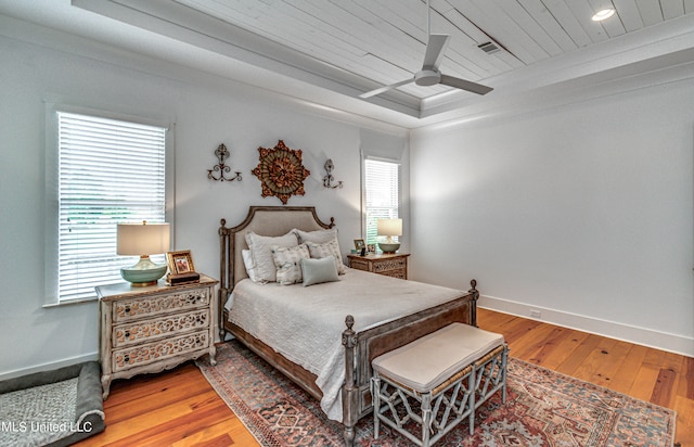 bedroom with wood ceiling, wood-type flooring, and ceiling fan