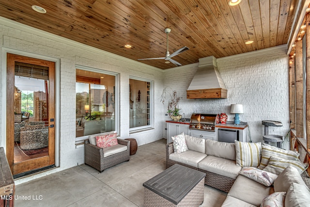 view of patio / terrace featuring an outdoor hangout area, grilling area, ceiling fan, area for grilling, and sink