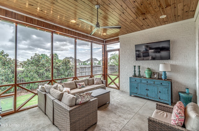 sunroom featuring ceiling fan and wooden ceiling