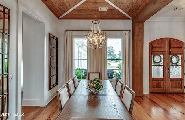 unfurnished dining area with lofted ceiling with beams, light hardwood / wood-style floors, wood ceiling, and a healthy amount of sunlight