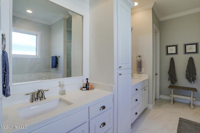 bathroom with vanity, baseboards, marble finish floor, walk in shower, and crown molding