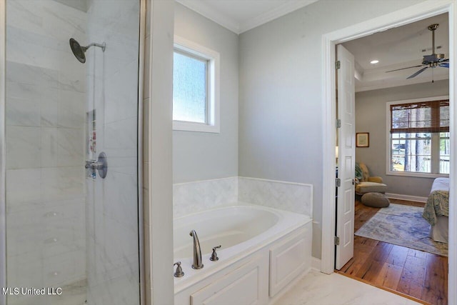 bathroom with ceiling fan, wood-type flooring, independent shower and bath, and ornamental molding