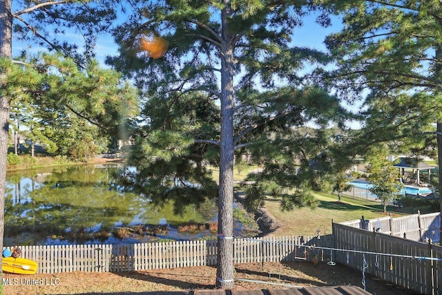 property view of water with a fenced backyard