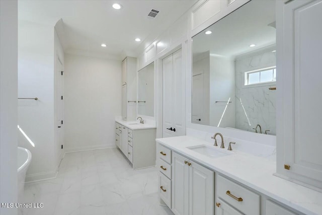 bathroom featuring recessed lighting, two vanities, a sink, visible vents, and marble finish floor