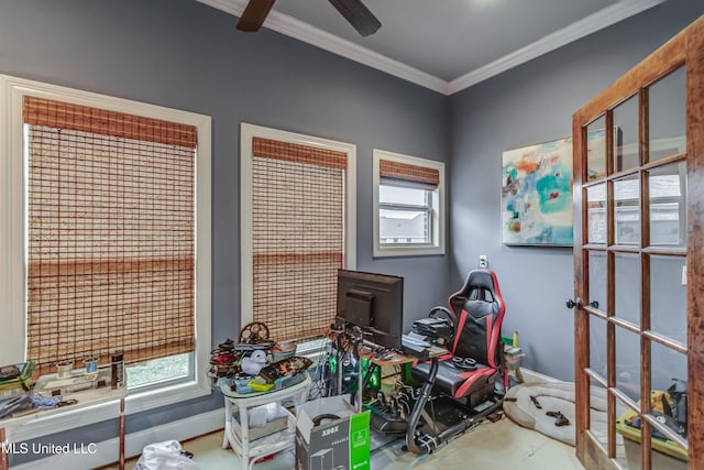 miscellaneous room with crown molding and ceiling fan