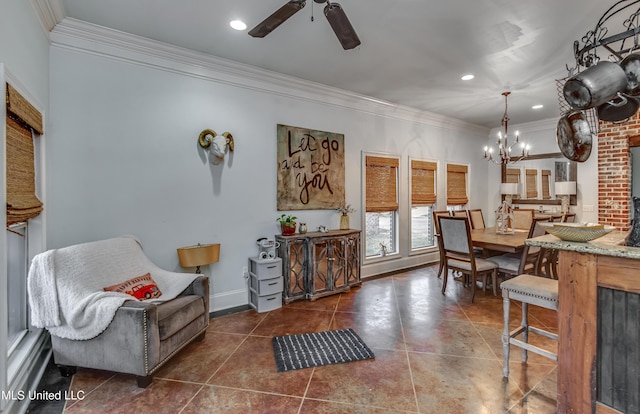 interior space with ornamental molding and ceiling fan with notable chandelier