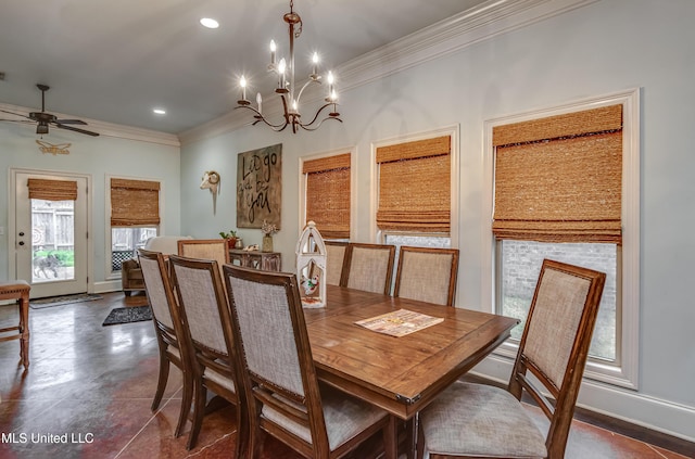 dining space featuring ornamental molding and ceiling fan with notable chandelier