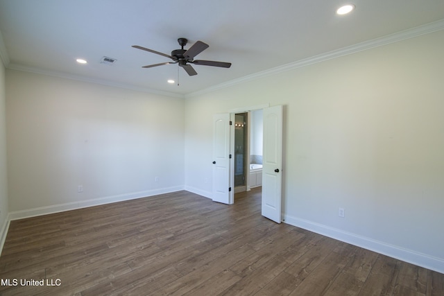 163 Frye Cir, Caledonia, MS 39740 - spare room featuring ceiling fan, dark wood-type flooring, crown molding, baseboards, and recessed lighting