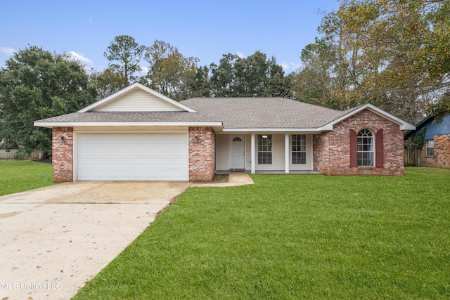 ranch-style home with a front lawn, covered porch, and a garage