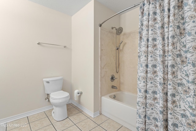 bathroom with tile patterned floors, shower / bath combo, a textured ceiling, and toilet